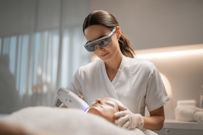 Professional laser therapist performing advanced skin treatment with a Cutera Xeo+ laser at Chiswick Clinic in West London.