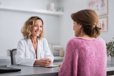 Female menopause doctor consulting a patient in a modern clinic about menopause care and HRT treatment