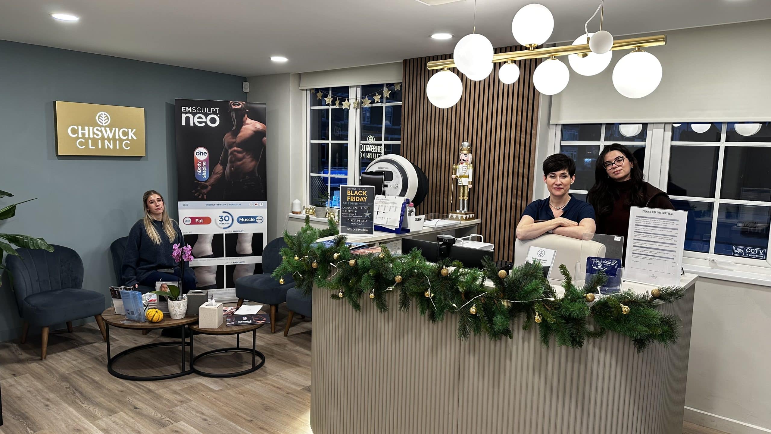 Reception area of Chiswick Clinic in West London with a calm, modern aesthetic.