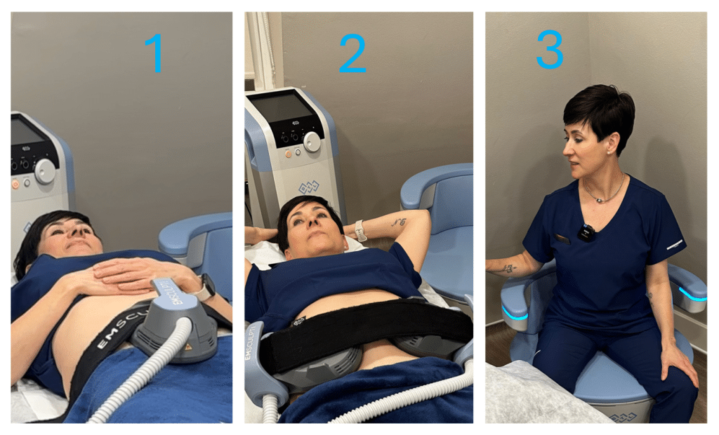 Our main therapist, Brigi is receiving Core-to-Floor Treatment at Chiswick Clinic, showing Emsculpt Neo abdominal session, Emsculpt Neo flank applicators, and Emsella pelvic floor chair.