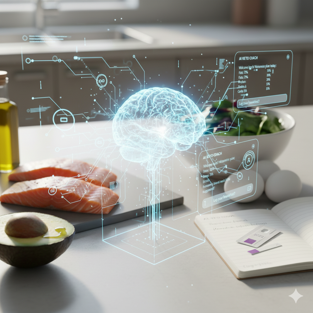 AI-assisted ketogenic diet shown through ketone testing, keto-friendly foods, and digital guidance
