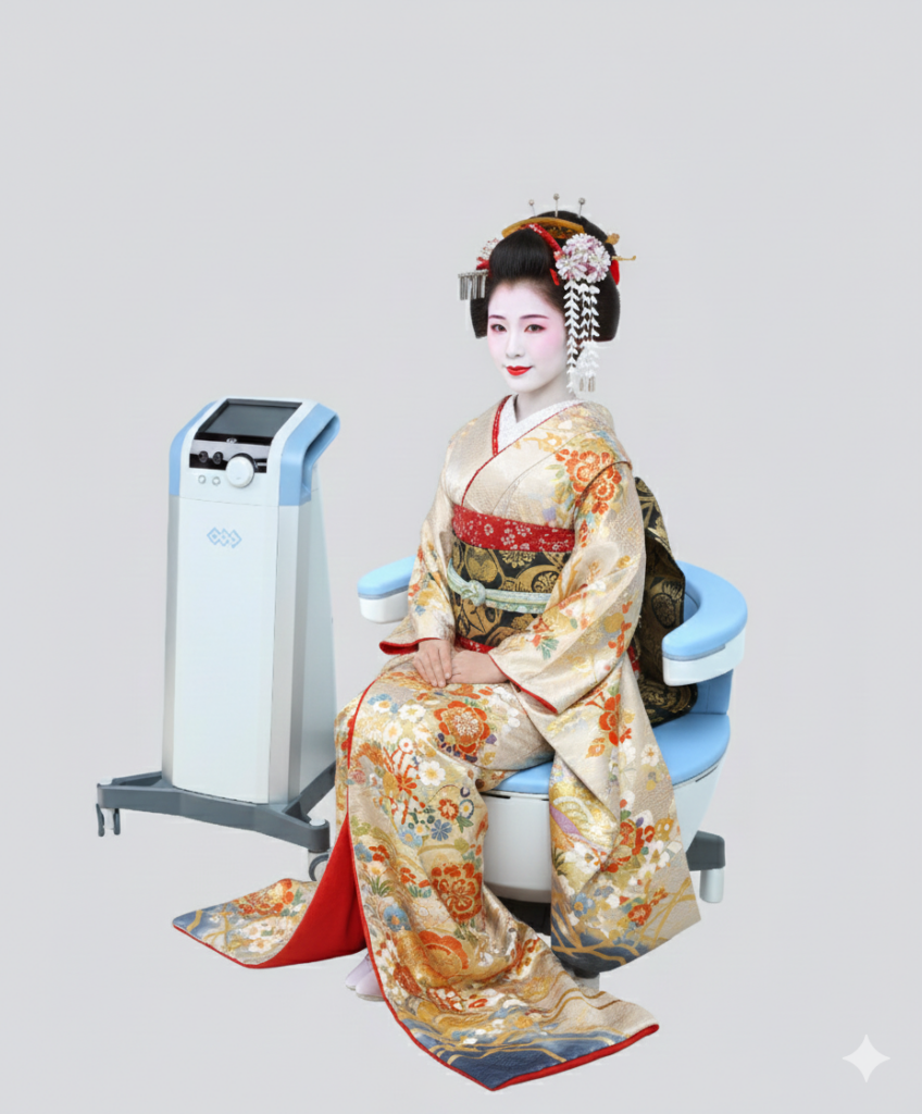 Illustration of a geisha sitting fully clothed on an EMSella pelvic floor treatment chair in a clinical setting